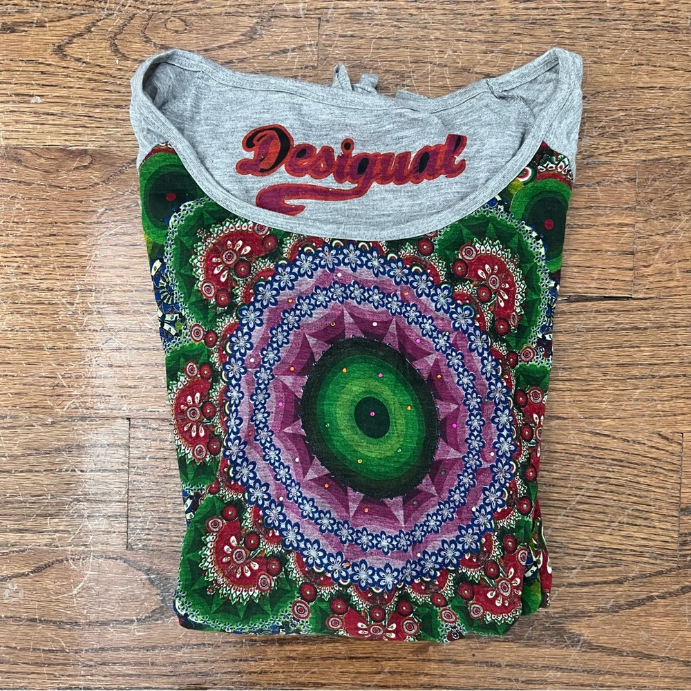 Grey and green Desigual long sleeve shirt (size: M)